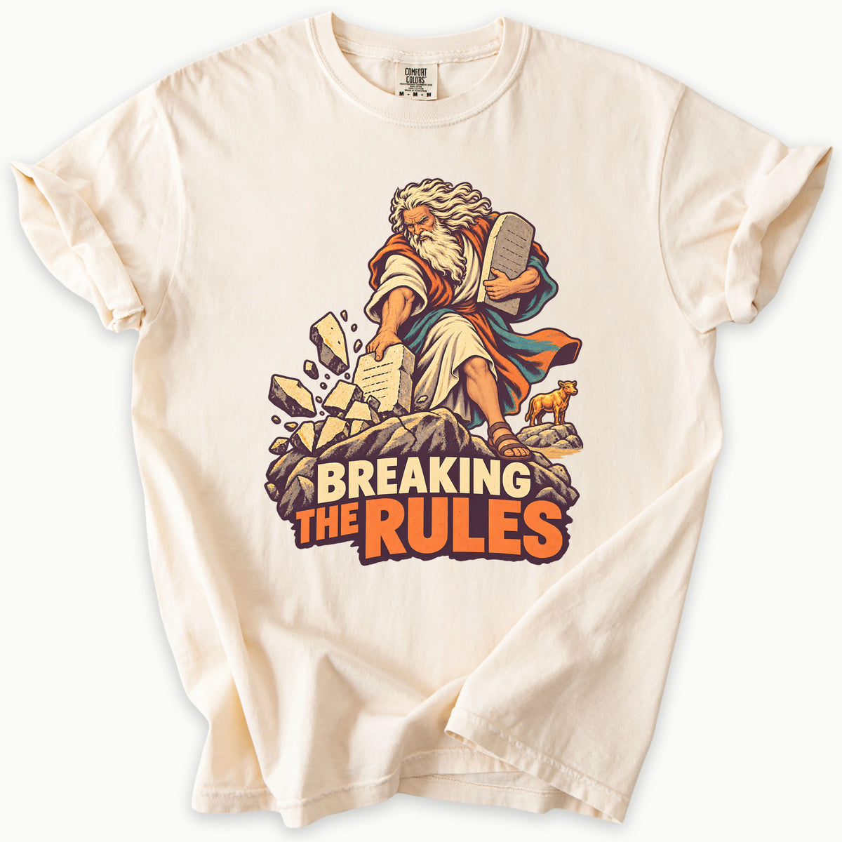 Breaking Rules T-Shirt in Ivory (warm cream) — Moses breaking the Ten Commandments tablets, funny Bible humor, Comfort Colors 1717 unisex christian faith tee