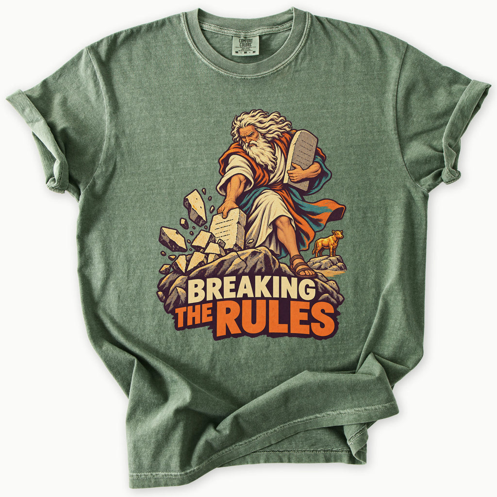 Breaking Rules T-Shirt in Moss (dark olive green) — Moses breaking the Ten Commandments tablets, funny Bible humor, Comfort Colors 1717 unisex christian faith tee