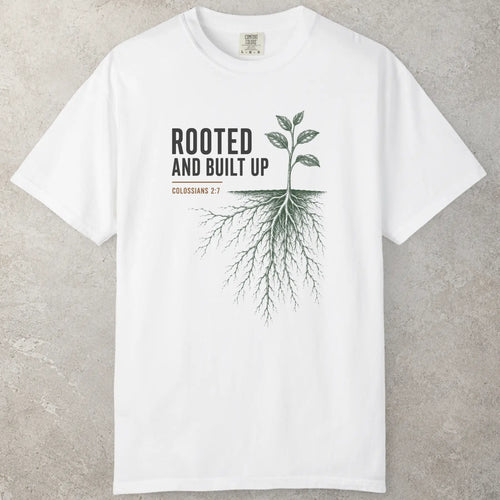 Built Up Faith T-Shirt in Ivory (warm cream) — Colossians 2:7, Rooted And Built Up, Comfort Colors 1717 unisex christian faith tee