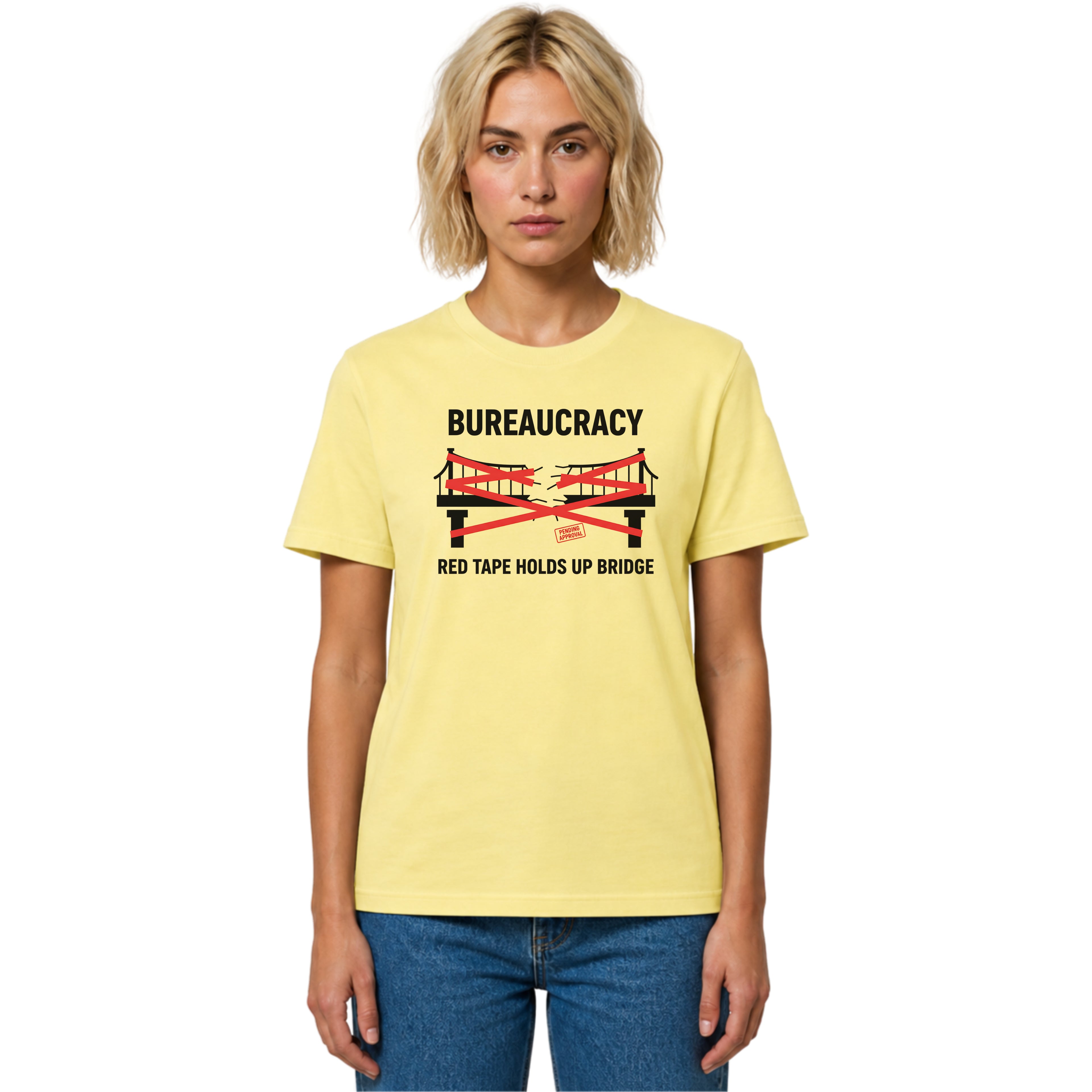 Yellow Cornsilk Gildan 64000 Softstyle T-shirt featuring a satirical bureaucracy graphic with red tape wrapped around a bridge and the text “Bureaucracy” above and “Red Tape Holds Up Bridge” below.