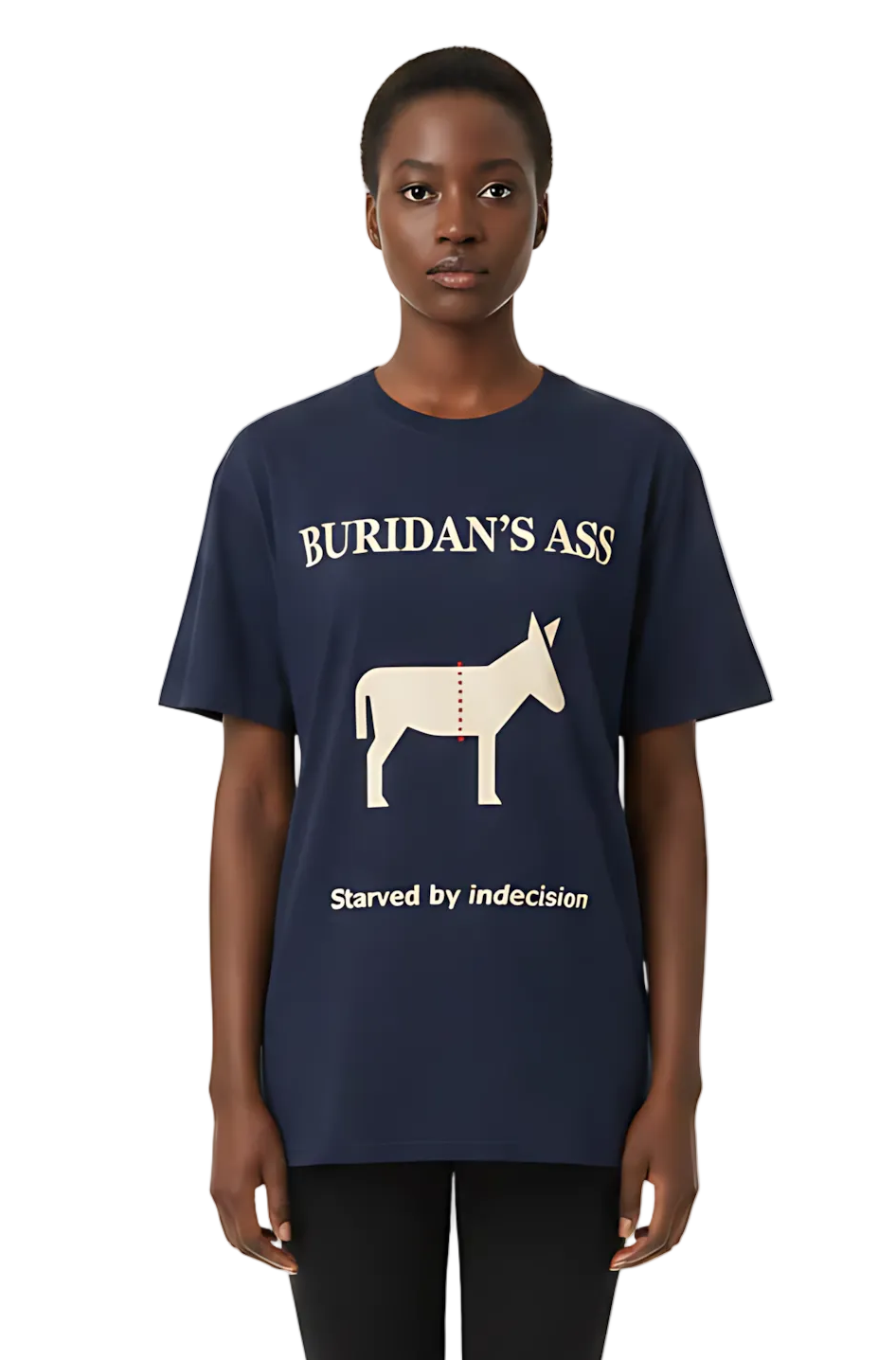 Person wearing a navy blue t-shirt with a graphic design and text on a white background