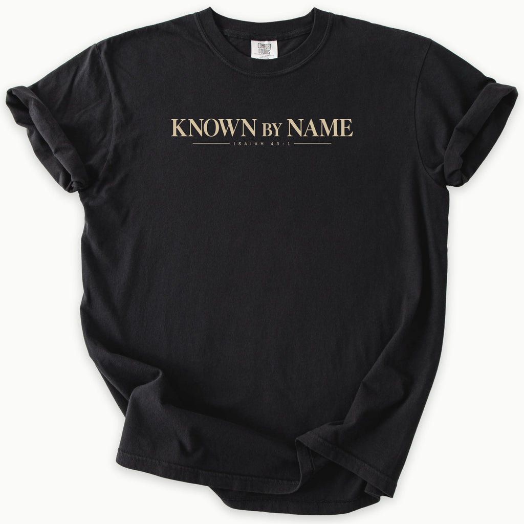 Isaiah 43:1 T-Shirt in Black — Isaiah 43:1, Known by Name, Comfort Colors 1717 unisex christian faith tee