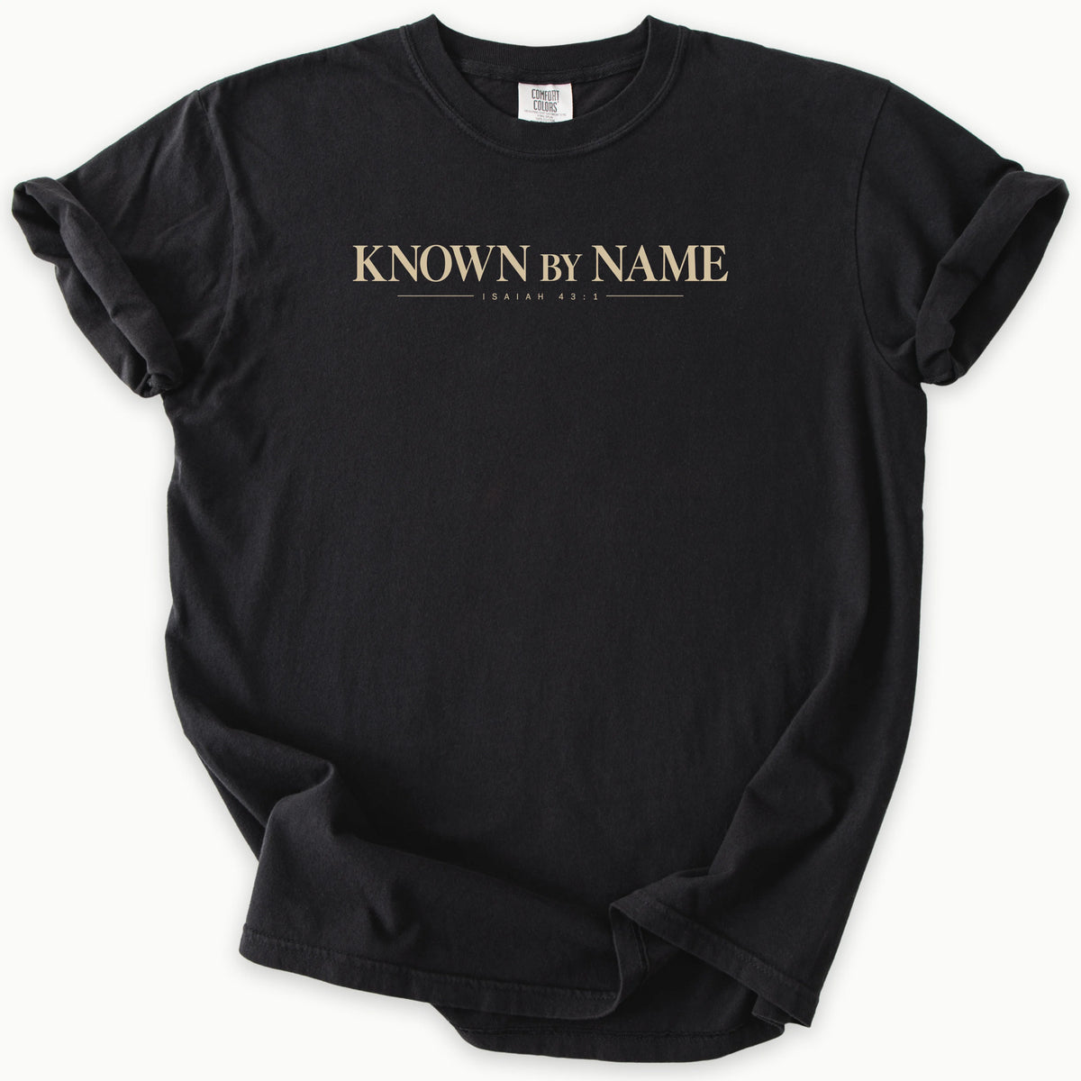 Isaiah 43:1 T-Shirt in Black — Isaiah 43:1, Known by Name, Comfort Colors 1717 unisex christian faith tee