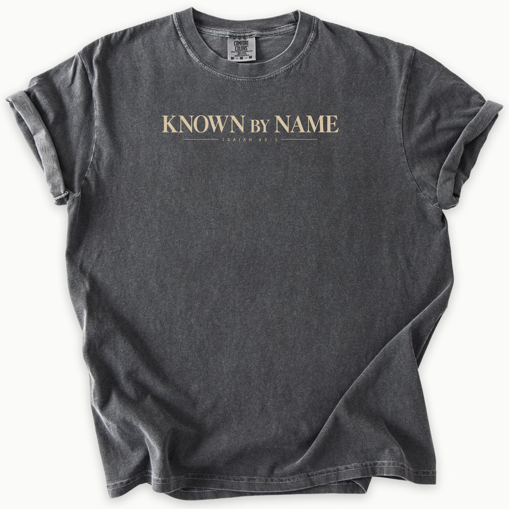 Isaiah 43:1 T-Shirt in Pepper (charcoal grey) — Isaiah 43:1, Known by Name, Comfort Colors 1717 unisex christian faith tee