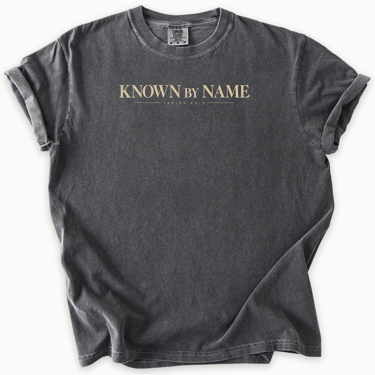 Isaiah 43:1 T-Shirt in Pepper (charcoal grey) — Isaiah 43:1, Known by Name, Comfort Colors 1717 unisex christian faith tee