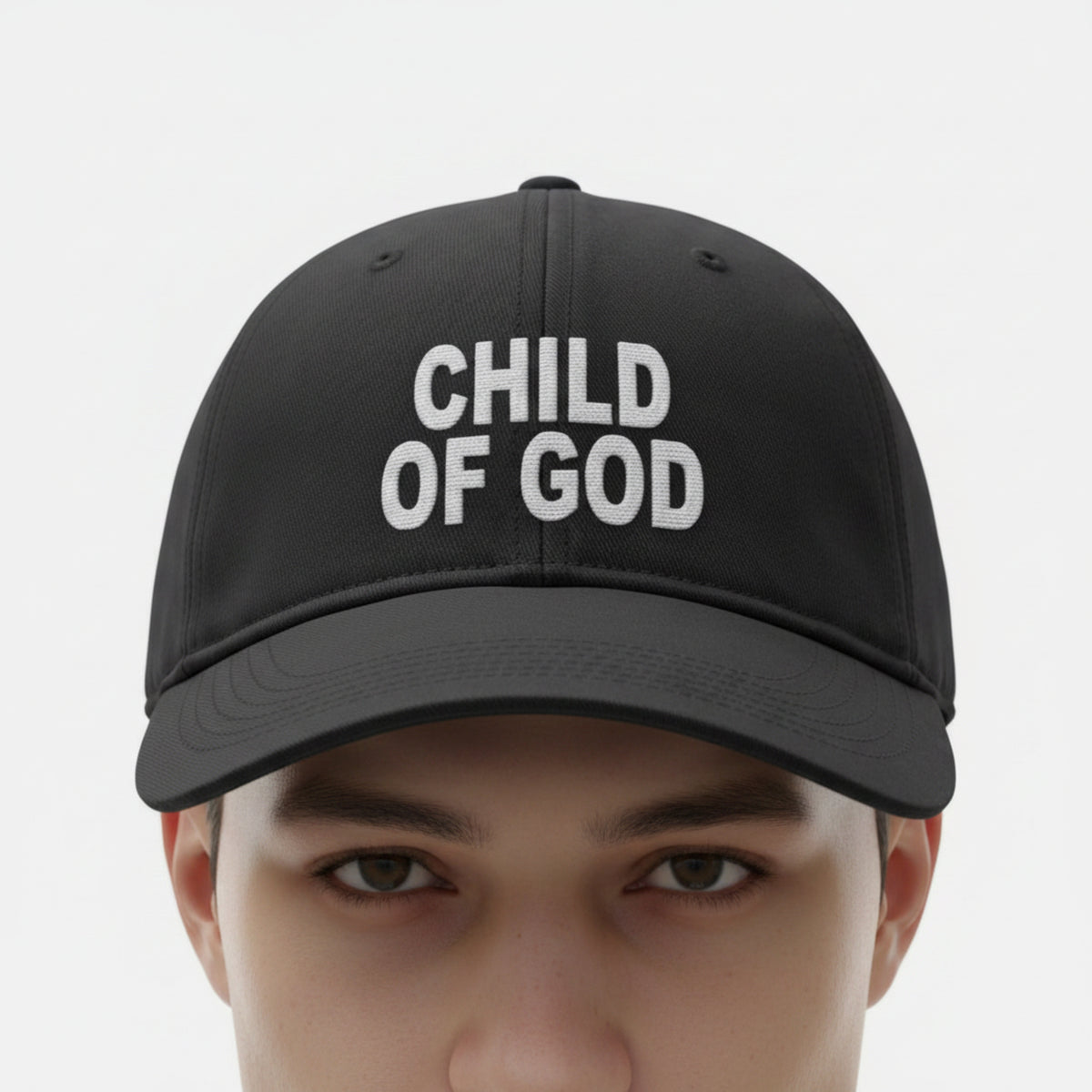 Model wearing the Child of God Cap in Black — child of god, identity in christ, Comfort Colors CCWC0 washed christian cap