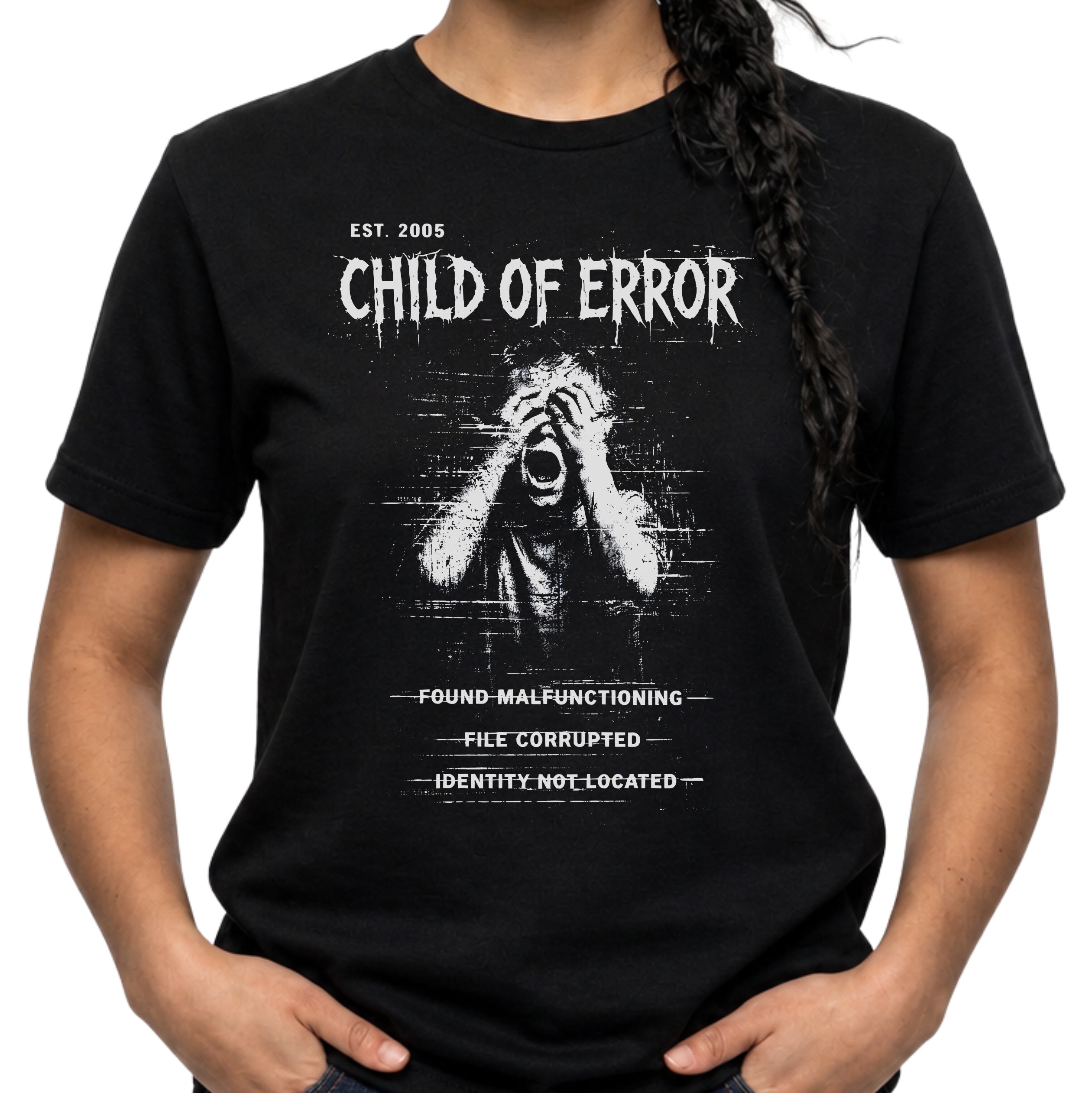 Black graphic T-shirt featuring Child Of Error text, Found Malfunctioning wording, File Corrupted detail and Identity Not Located archive-style artwork.