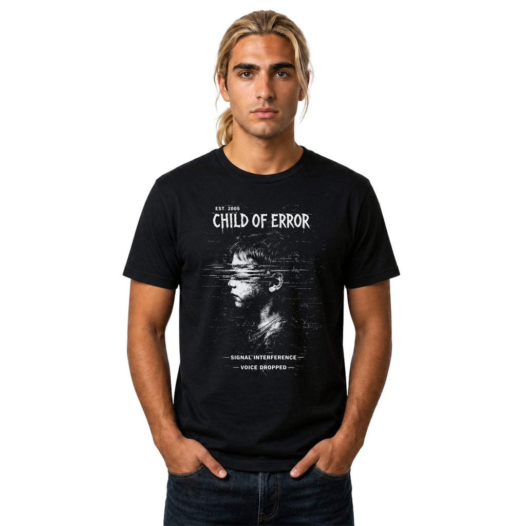 Black Gildan 64000 Softstyle T-shirt featuring a distressed white Child of Error graphic with a corrupted figure, glitch textures, scanline distortion, and small text reading “signal interference” and “voice dropped.”