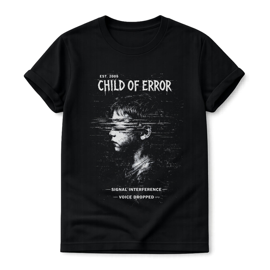 Black Gildan 64000 Softstyle T-shirt featuring a distressed white Child of Error graphic with a corrupted figure, glitch textures, scanline distortion, and small text reading “signal interference” and “voice dropped.”
