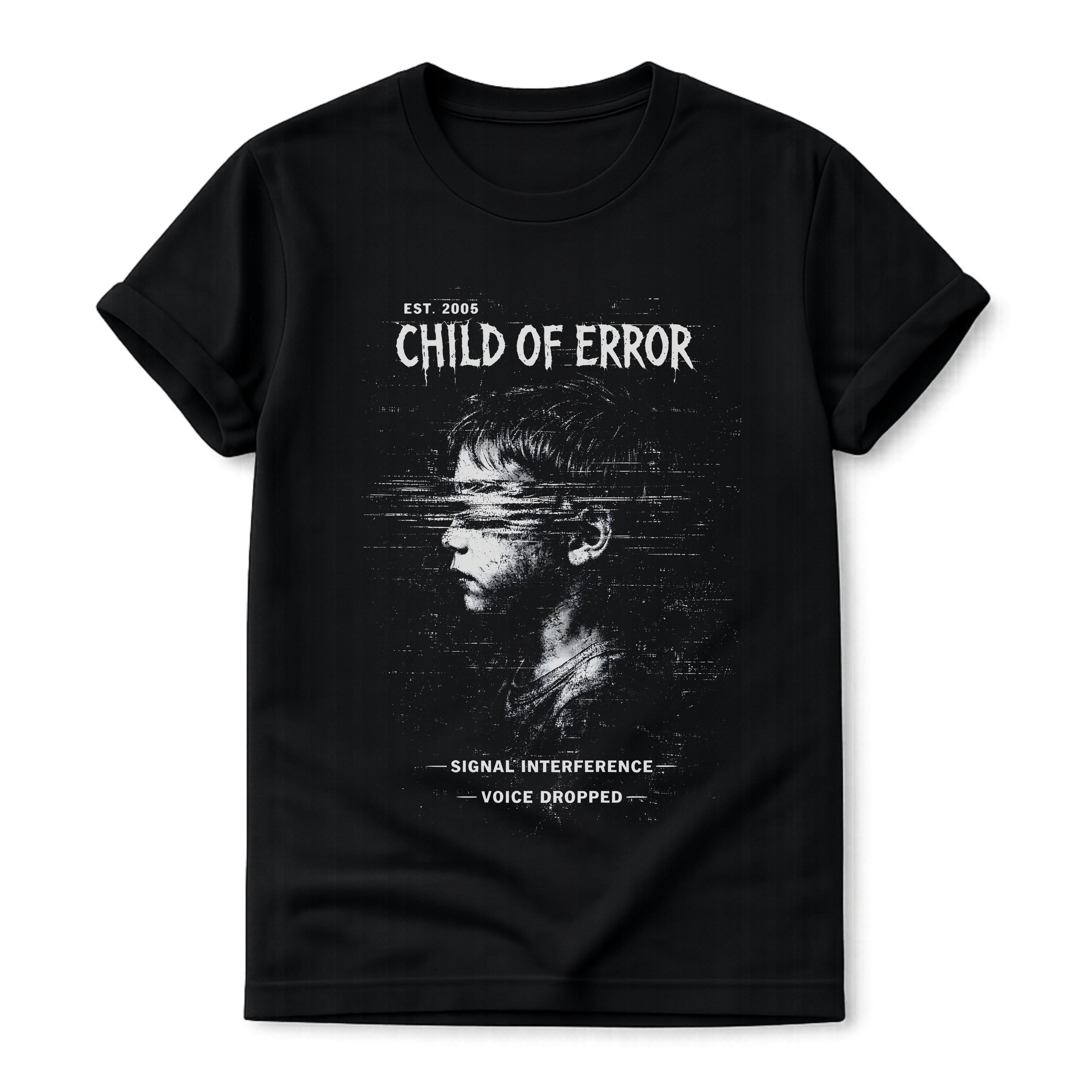 Black Gildan 64000 Softstyle T-shirt featuring a distressed white Child of Error graphic with a corrupted figure, glitch textures, scanline distortion, and small text reading “signal interference” and “voice dropped.”