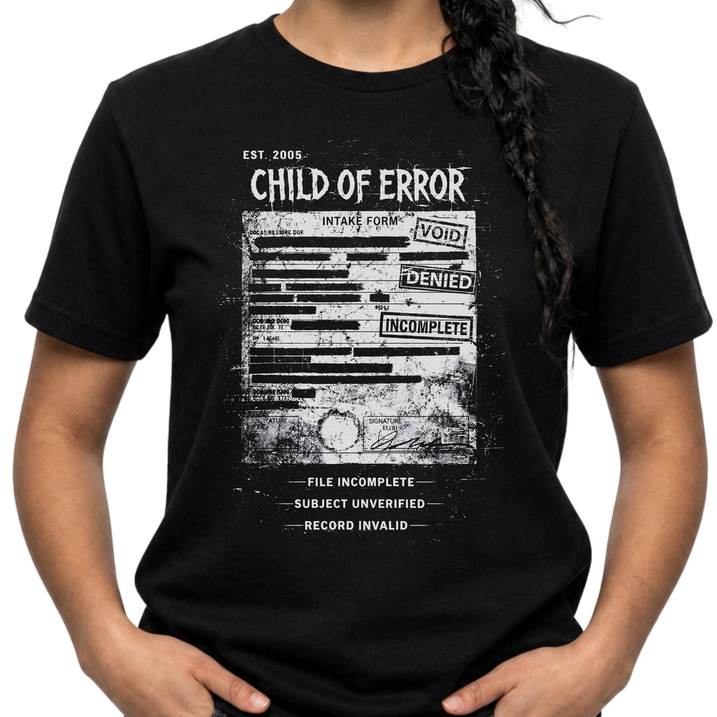 Black graphic T-shirt featuring Child Of Error text, corrupted intake form artwork, record invalid wording and dark grunge archive design.