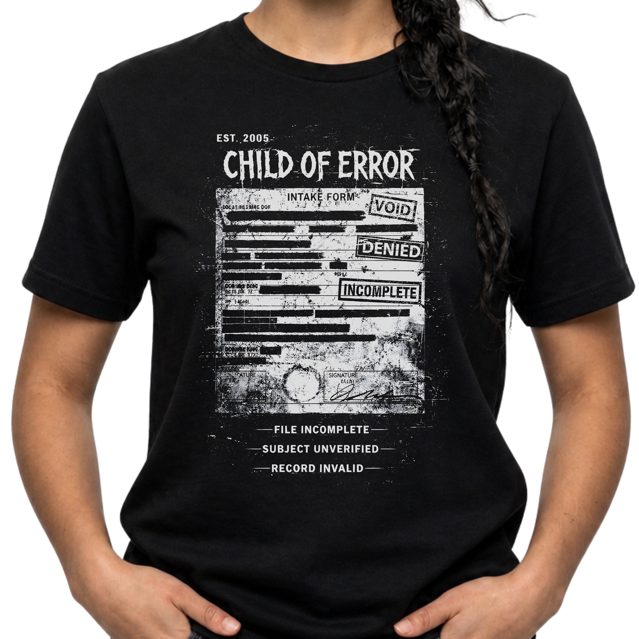 Black graphic T-shirt featuring Child Of Error text, corrupted intake form artwork, record invalid wording and dark grunge archive design.
