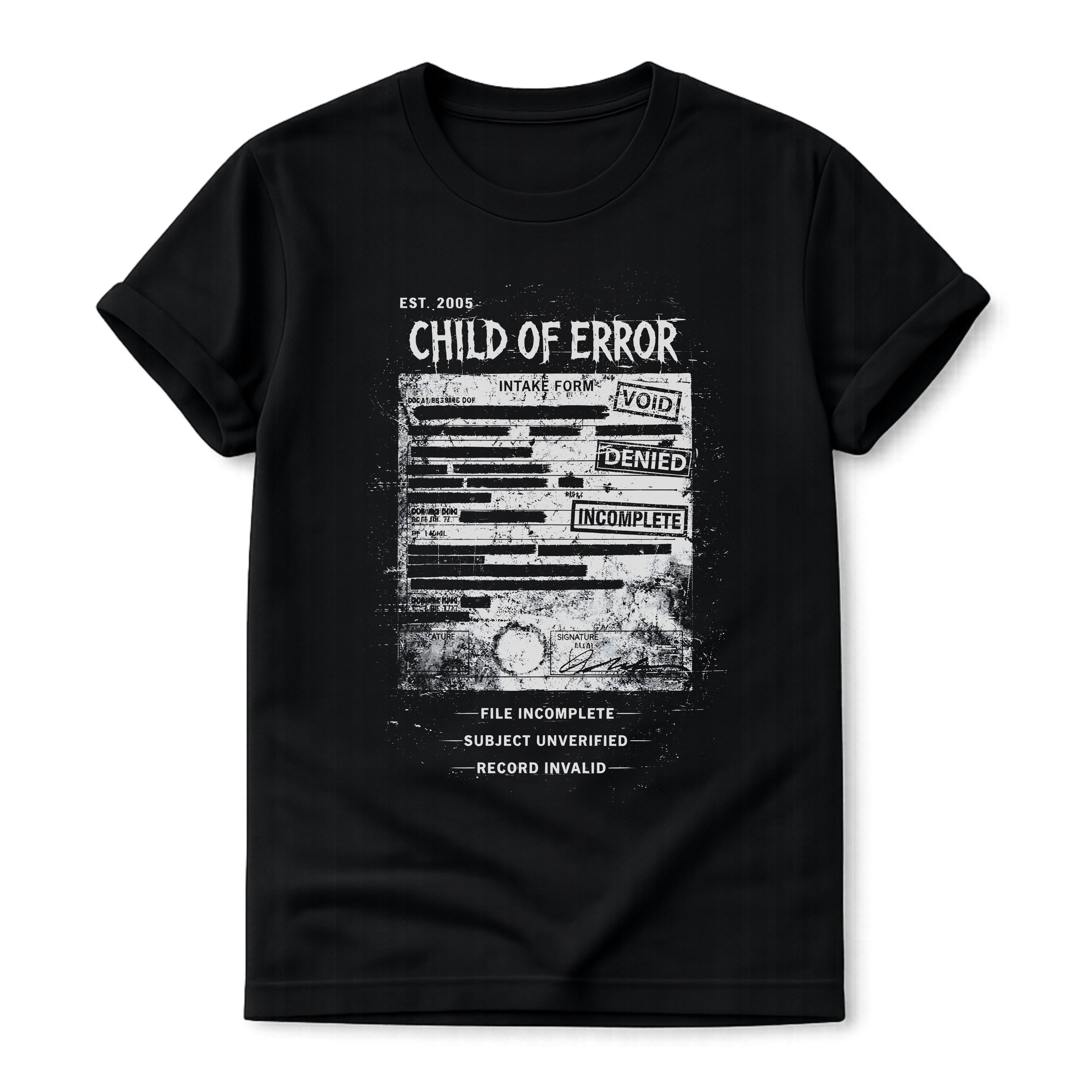 Black graphic T-shirt featuring Child Of Error text, corrupted intake form artwork, record invalid wording and dark grunge archive design.
