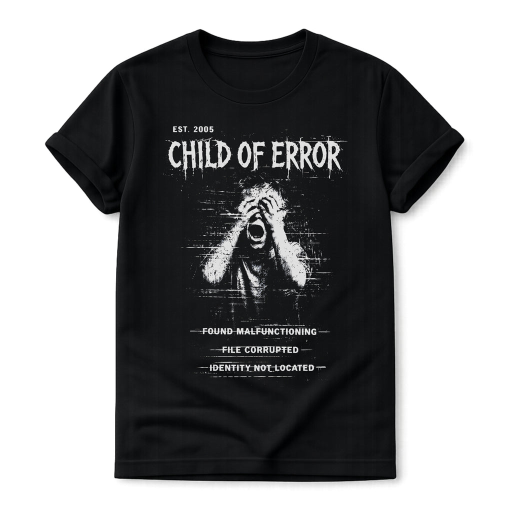 Black Gildan 64000 T-shirt with Child Of Error distressed glitch artwork, corrupted file text and dark grunge graphic design.