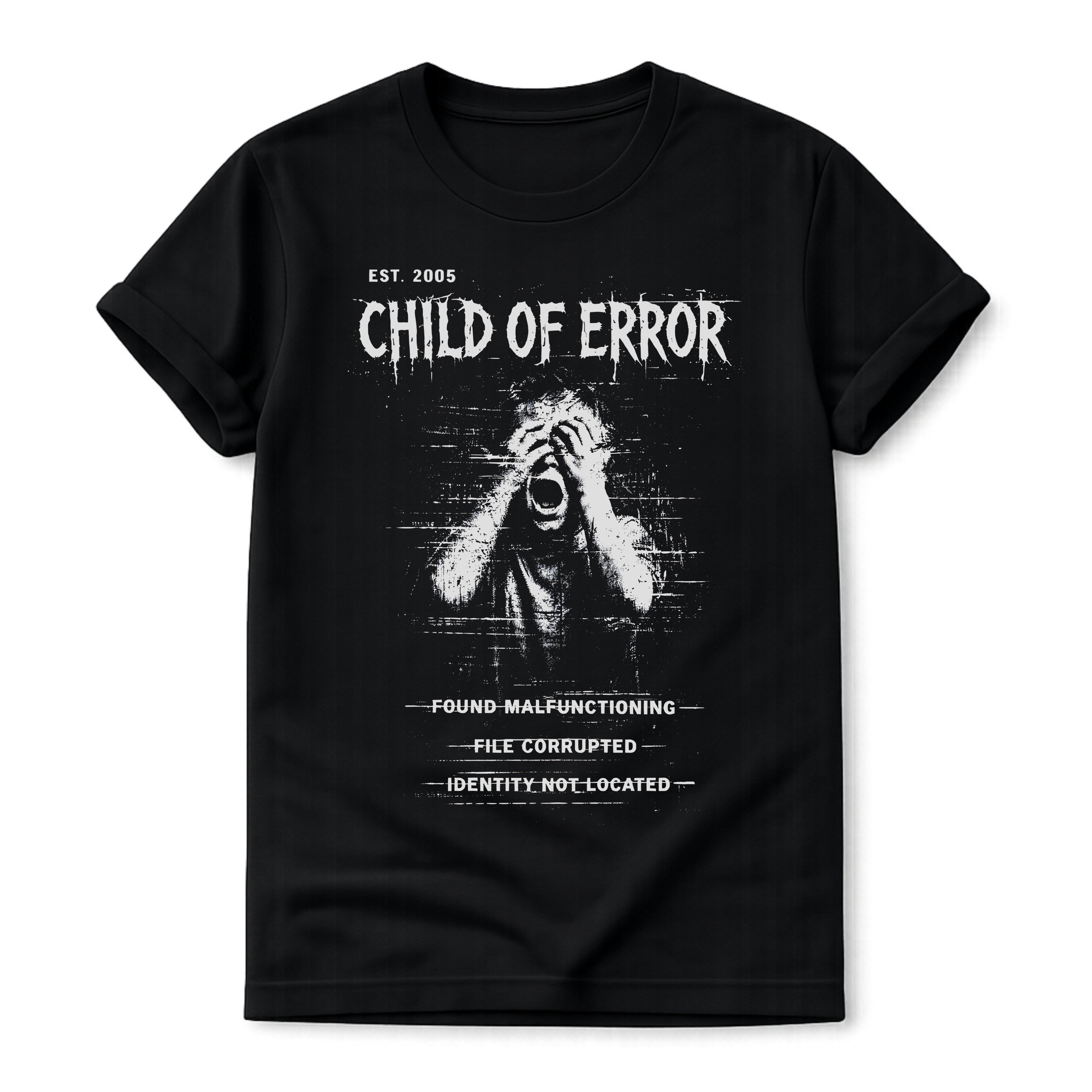 Black Gildan 64000 T-shirt with Child Of Error distressed glitch artwork, corrupted file text and dark grunge graphic design.