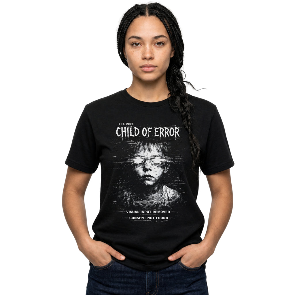 Person wearing a black t-shirt with graphic design and text