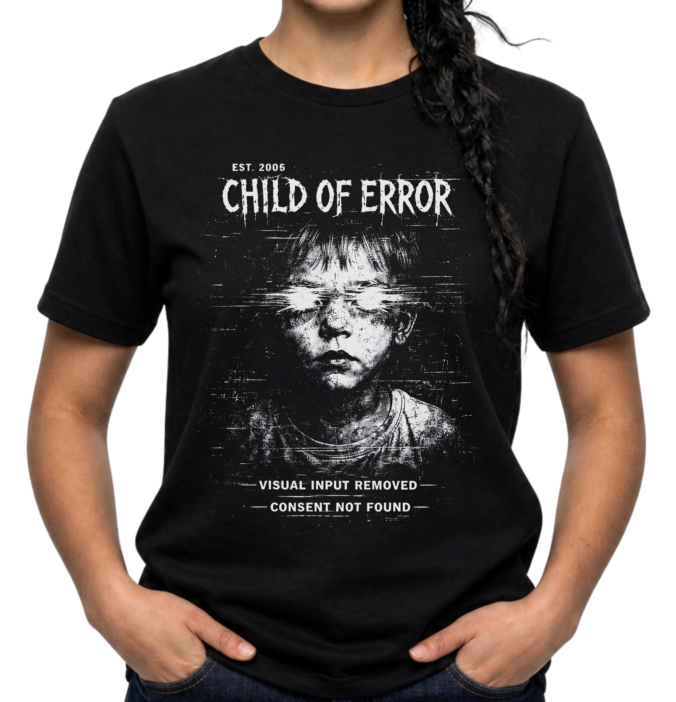 Black t-shirt with graphic design and text worn by a person
