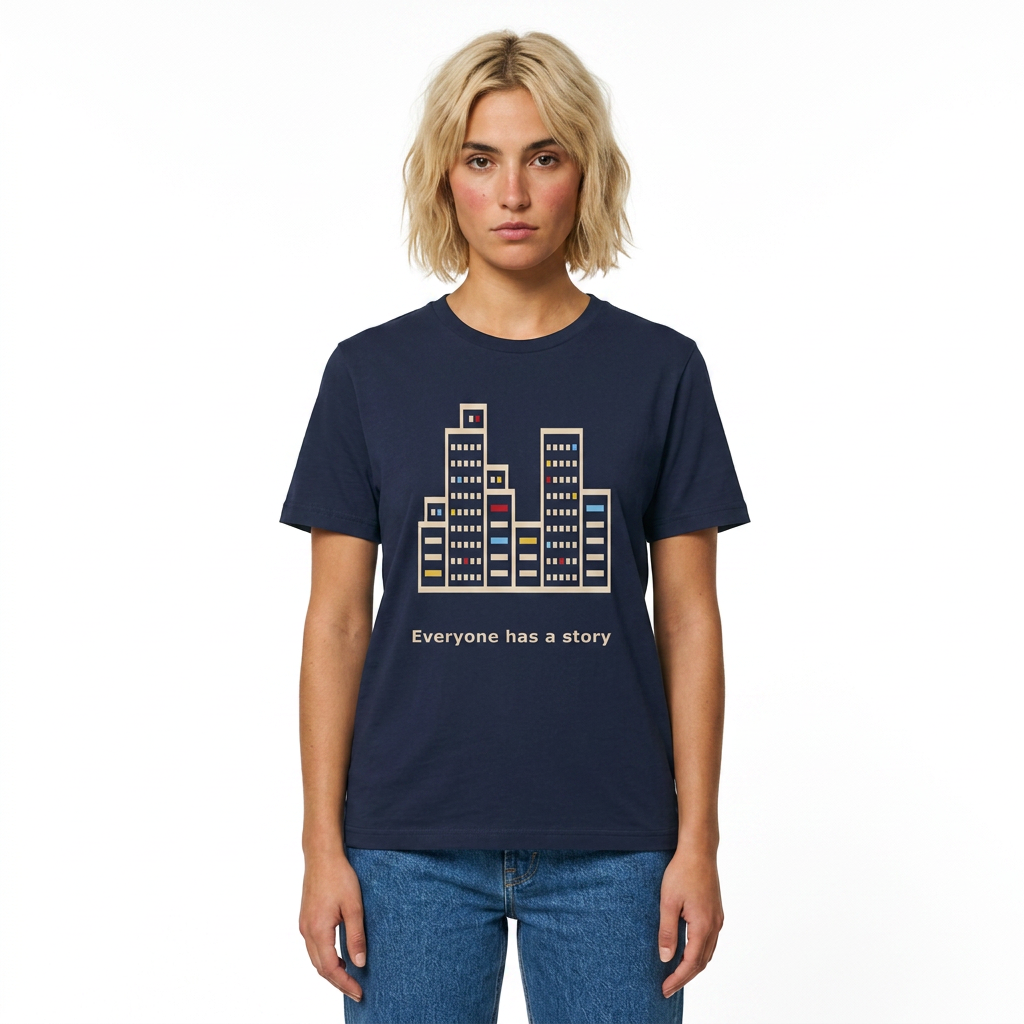 Unisex navy blue graphic T-shirt with thoughtful artwork about empathy, passing strangers and the private stories people carry.