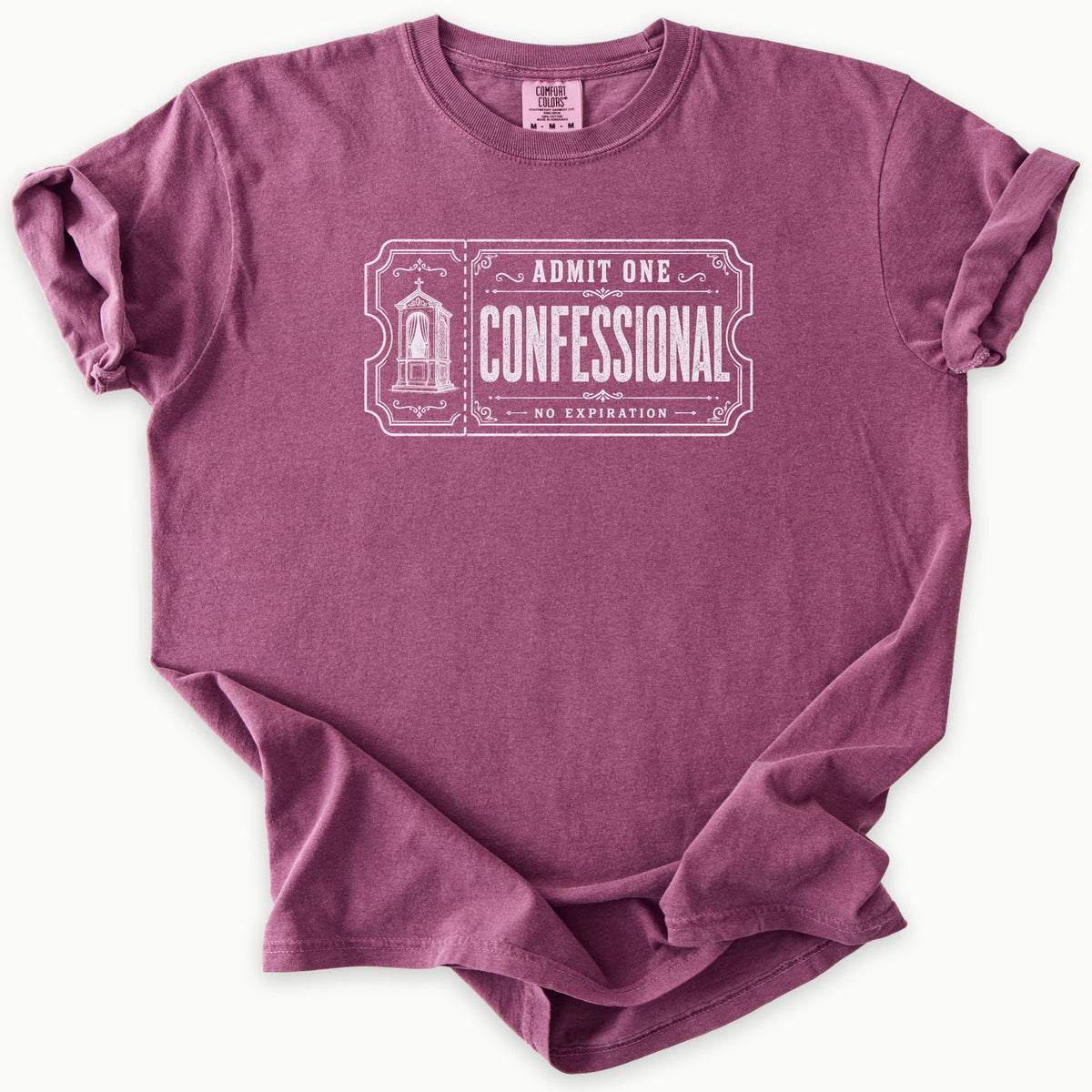 Confessional T-Shirt in Berry (dusty mauve-berry) — admit one confessional, Catholic humor tee, Comfort Colors 1717 unisex christian faith tee