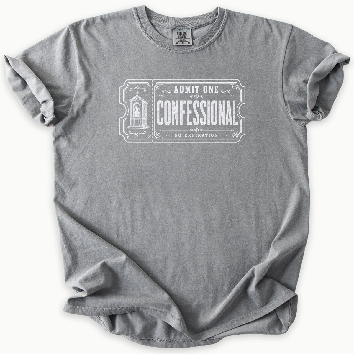 Confessional T-Shirt in Grey (medium grey) — admit one confessional, Catholic humor tee, Comfort Colors 1717 unisex christian faith tee