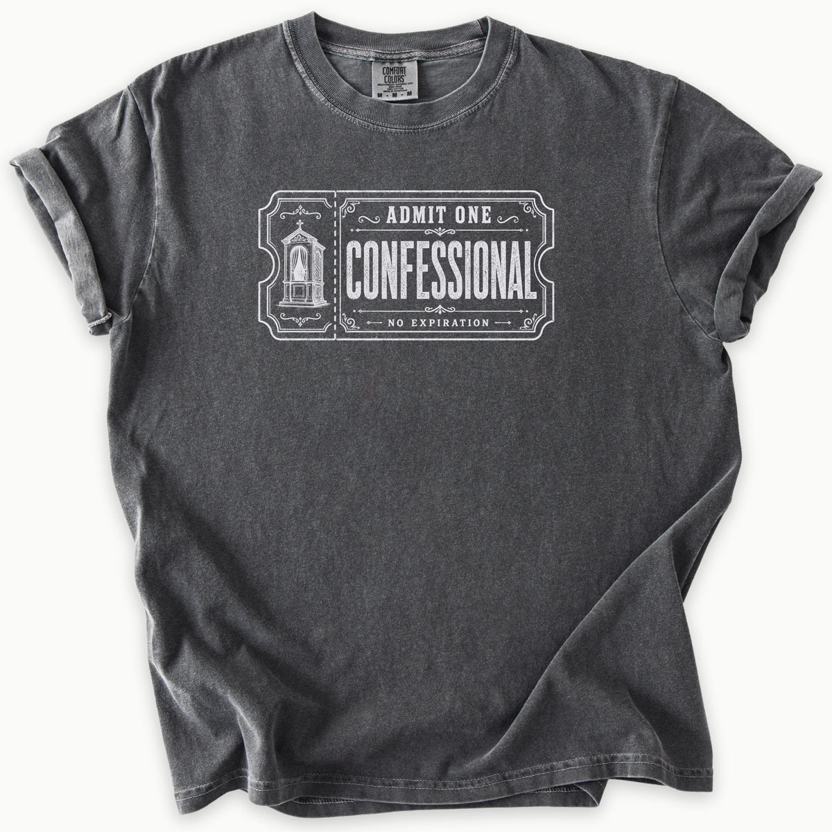 Confessional T-Shirt in Pepper (charcoal grey) — admit one confessional, Catholic humor tee, Comfort Colors 1717 unisex christian faith tee