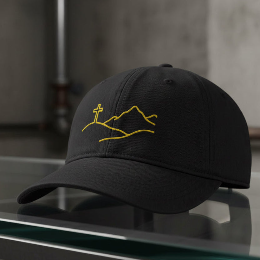 Cross On The Hill Cap in Black — cross on the hill, mountain, Comfort Colors CCWC0 washed christian cap