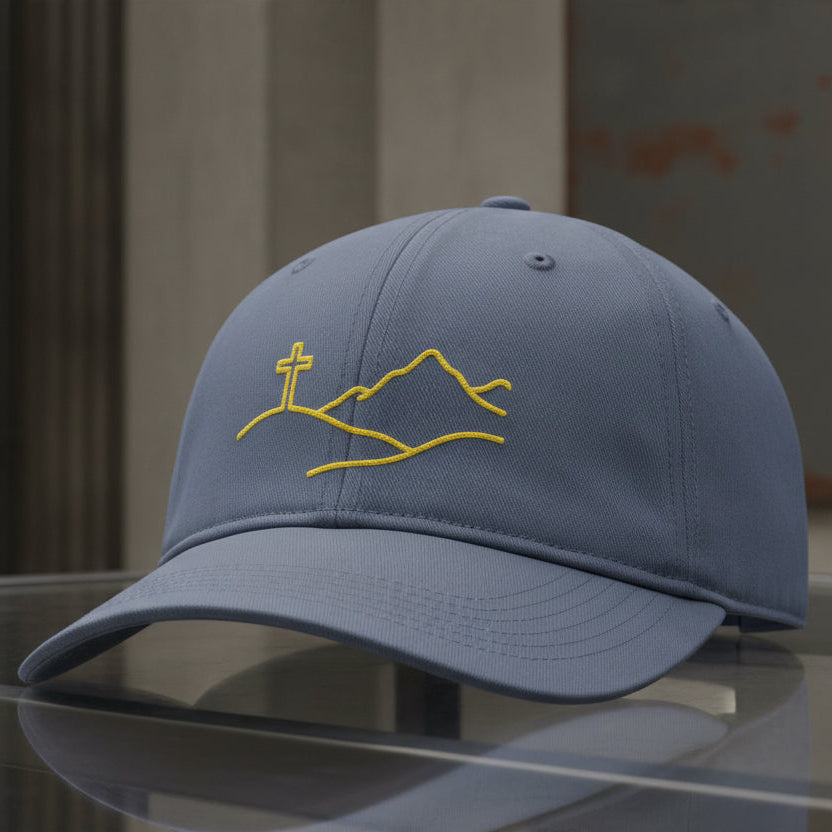 Cross On The Hill Cap in Blue Jean (slate blue), alternate view — cross on the hill, mountain, Comfort Colors CCWC0 washed christian cap