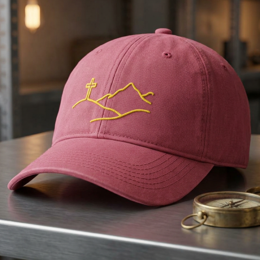 Cross On The Hill Cap in Crimson (washed red) — cross on the hill, mountain, Comfort Colors CCWC0 washed christian cap