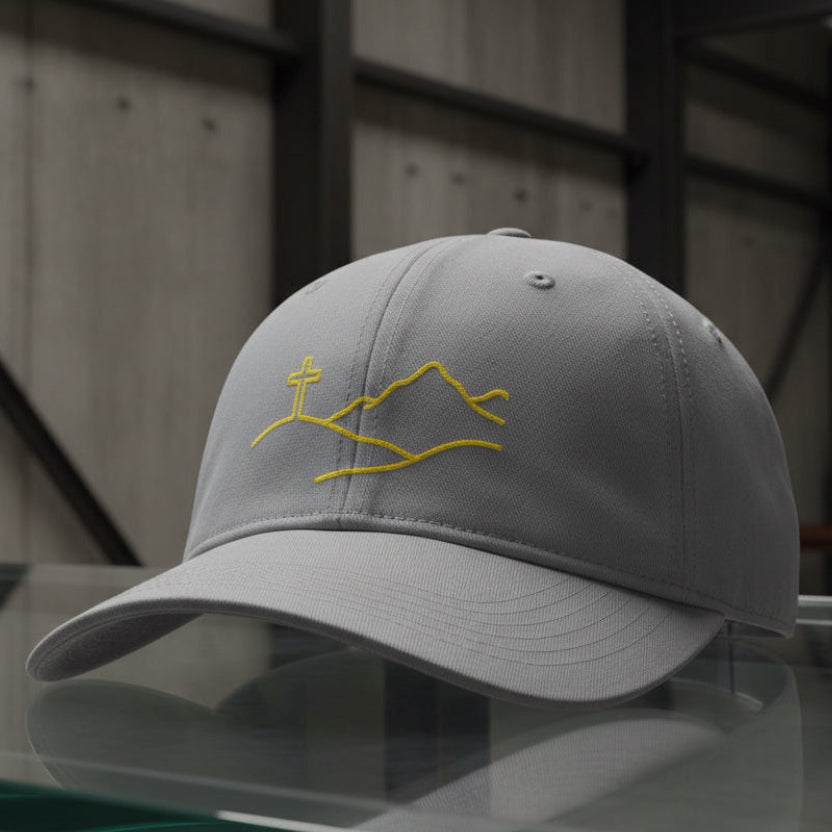 Cross On The Hill Cap in Granite (grey) — cross on the hill, mountain, Comfort Colors CCWC0 washed christian cap