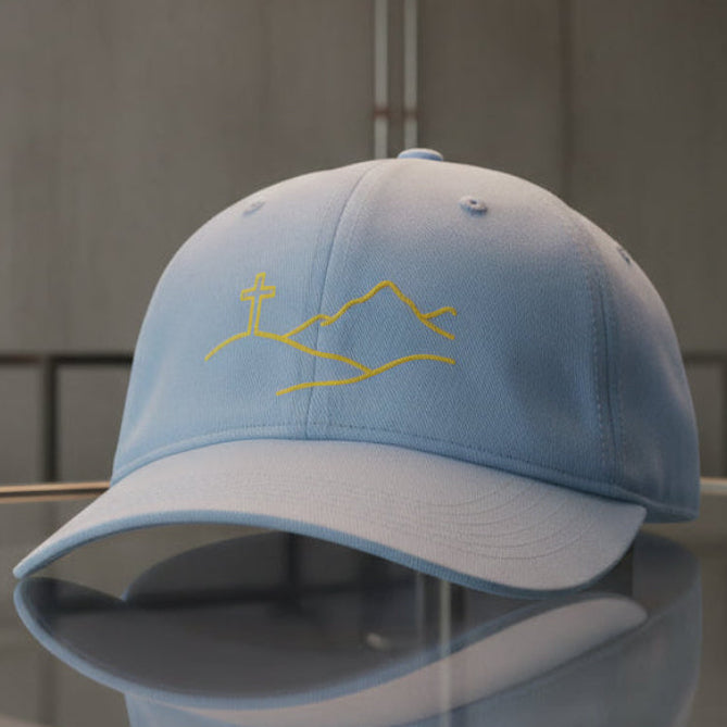 Cross On The Hill Cap in Hydrangea (light blue) — cross on the hill, mountain, Comfort Colors CCWC0 washed christian cap