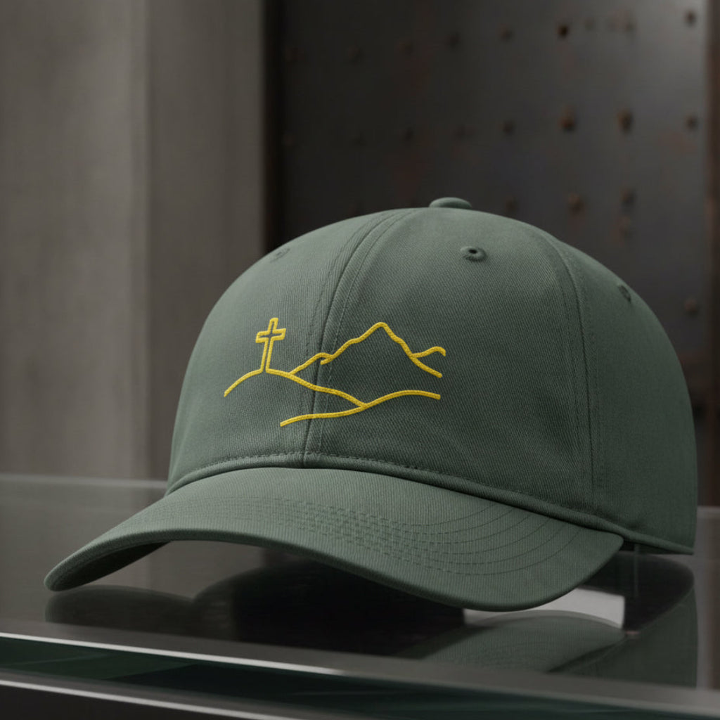 Cross On The Hill Cap in Moss (green) — cross on the hill, mountain, Comfort Colors CCWC0 washed christian cap