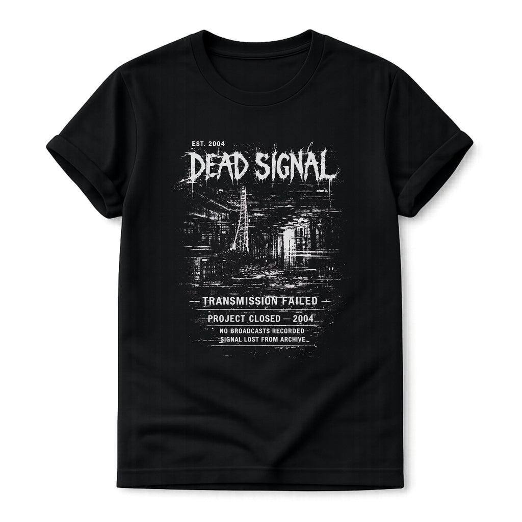 Black t-shirt with 'Dead Signal' graphic design on a white background
