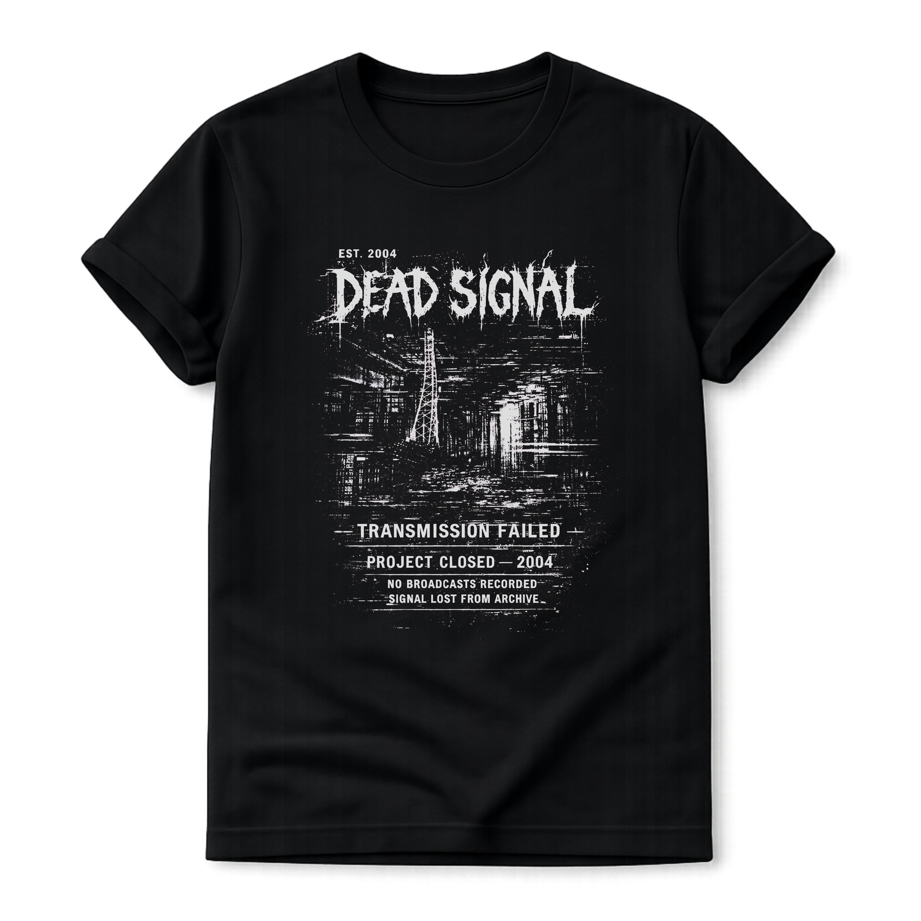 Black t-shirt with 'Dead Signal' graphic design on a white background