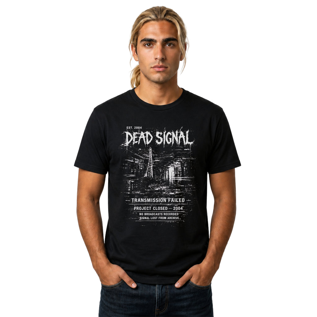 Black Gildan 64000 T-shirt with Dead Signal distressed monochrome graphic, transmission failed text and archive-style artwork.