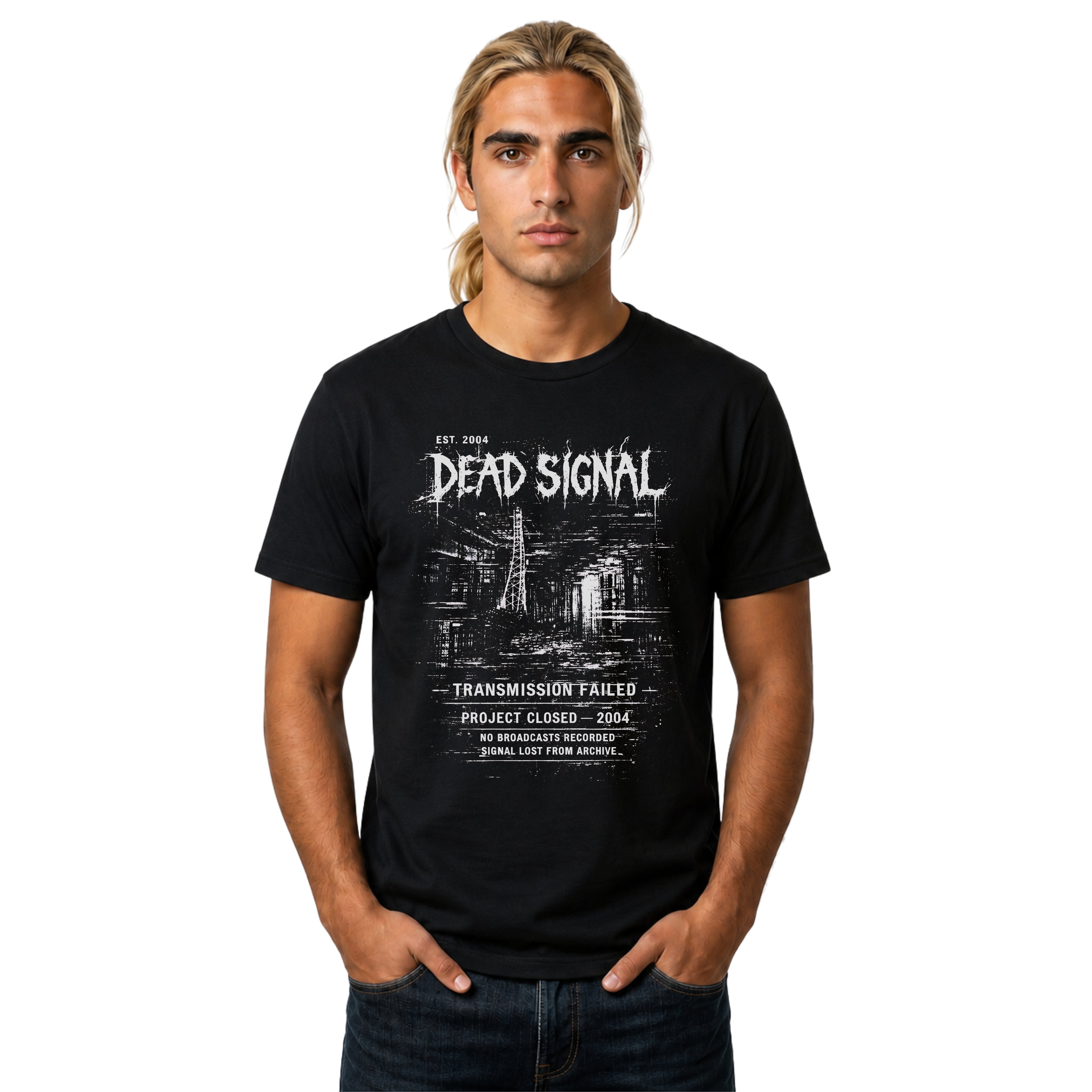 Black Gildan 64000 T-shirt with Dead Signal distressed monochrome graphic, transmission failed text and archive-style artwork.