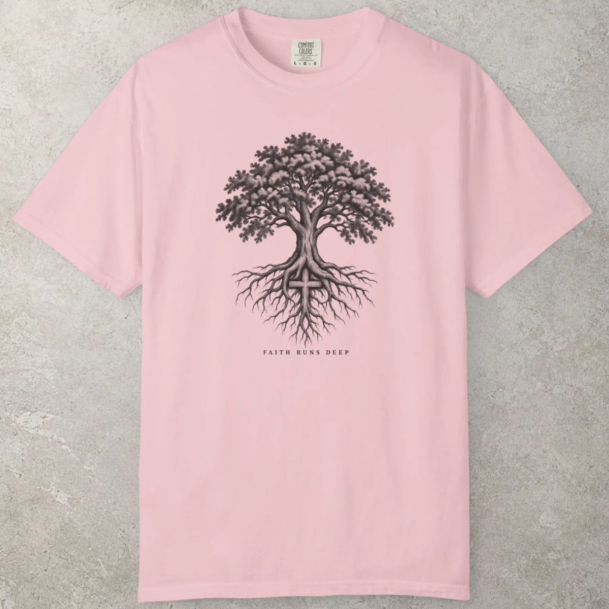 Deep Roots T-Shirt in Blossom (soft pink) — adventure tee, casual mens tee, Comfort Colors 1717 unisex christian faith tee