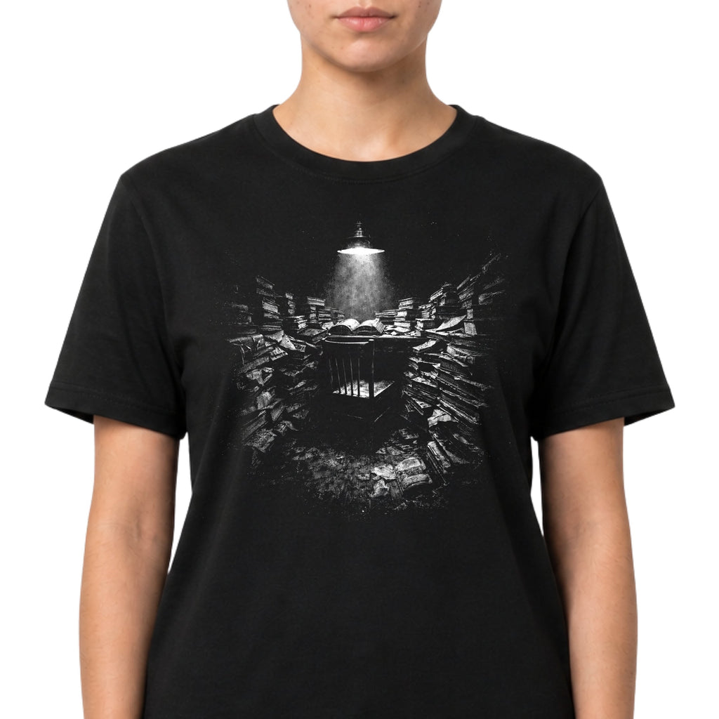 Deep Reading graphic T-shirt with atmospheric black-and-white artwork on black. A literary immersion tee for readers, writers, librarians, students, and book lovers.