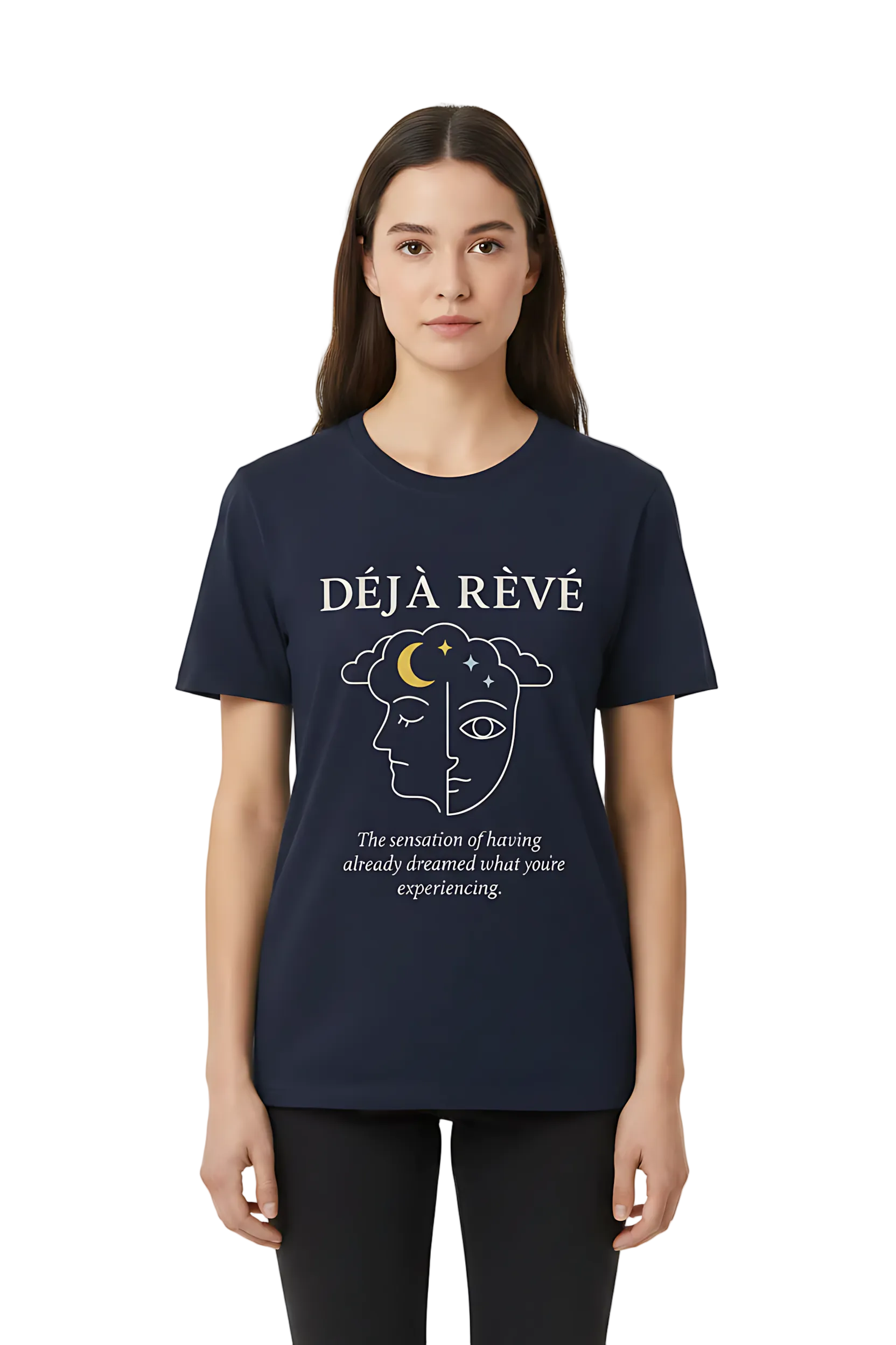 Person wearing a navy blue t-shirt with 'Déj  Rèvé' design and text.