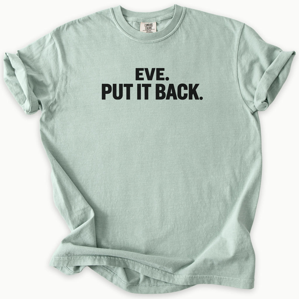Put It Back T-Shirt in Bay (sage green) — Genesis Bible Shirt, Garden of Eden humor, Comfort Colors 1717 unisex christian faith tee