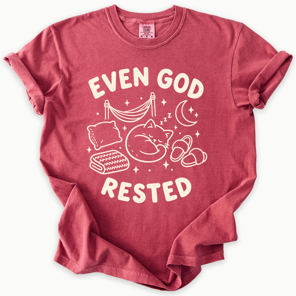 Even God Rested T-Shirt in Crimson (deep red) — Sabbath rest, funny Christian nap humor, Comfort Colors 1717 unisex christian faith tee