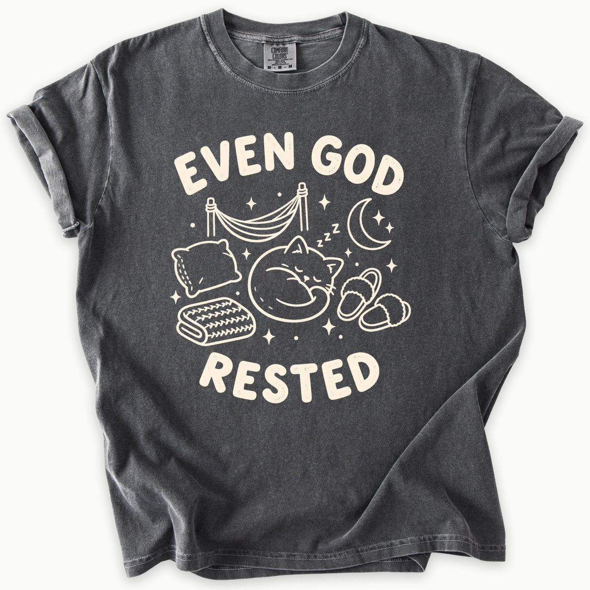 Even God Rested T-Shirt in Pepper (charcoal grey) — Sabbath rest, funny Christian nap humor, Comfort Colors 1717 unisex christian faith tee