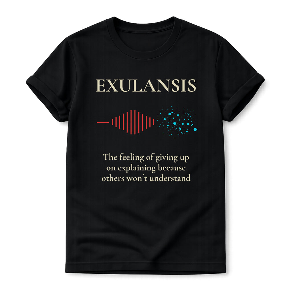 Black t-shirt with 'EXULANSIS' design and text on a white background