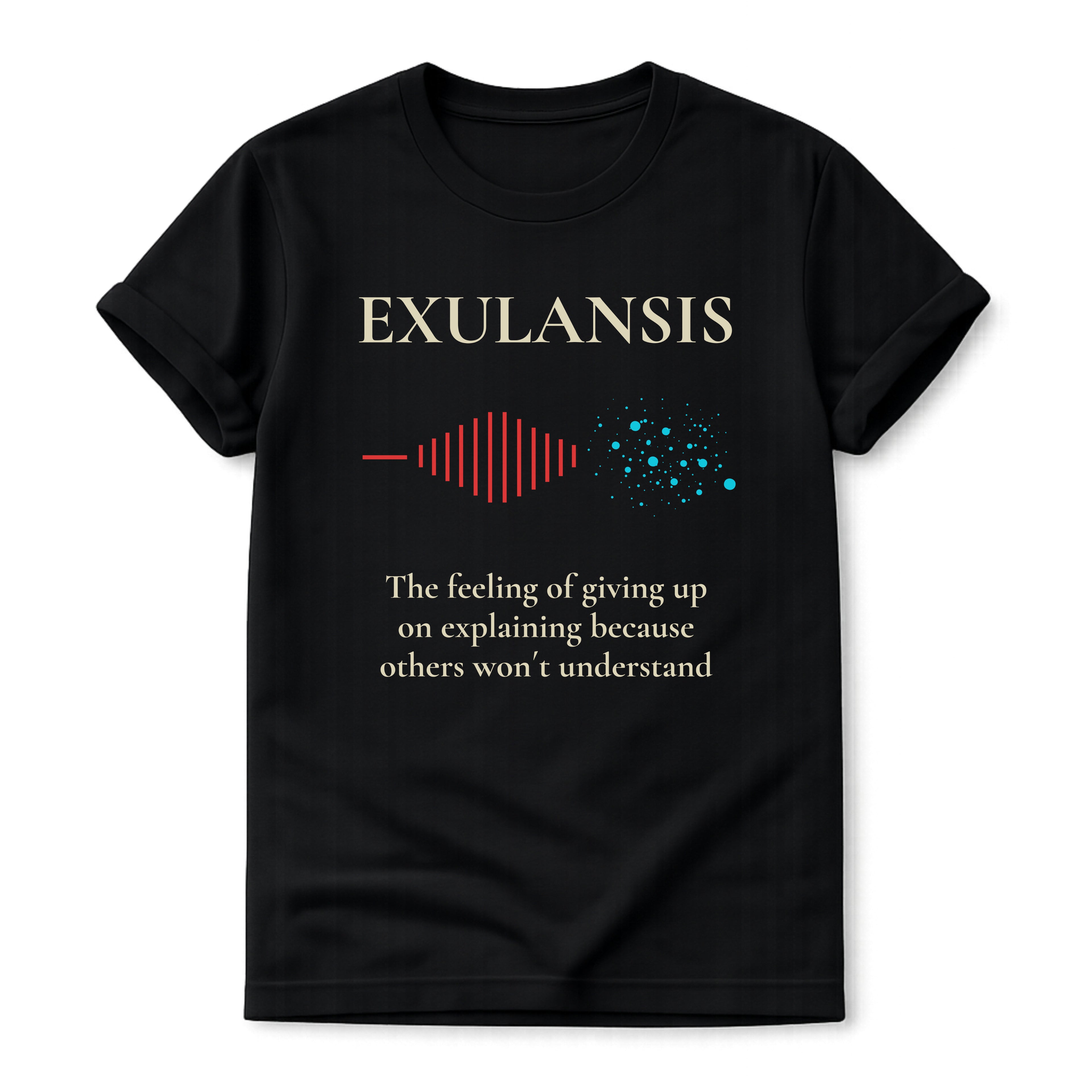 Black t-shirt with 'EXULANSIS' design and text on a white background