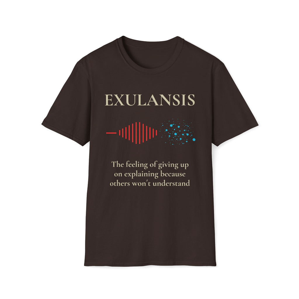Brown Gildan 64000 Softstyle T-shirt featuring the word Exulansis, a red waveform dissolving into blue dots, and the definition “The feeling of giving up on explaining because others won’t understand.