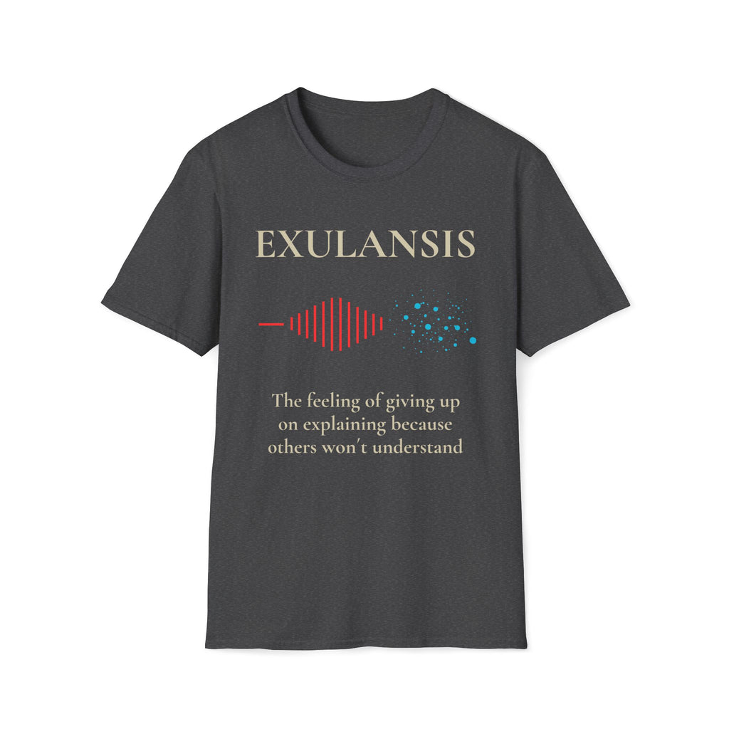 Grey Gildan 64000 Softstyle T-shirt featuring the word Exulansis, a red waveform dissolving into blue dots, and the definition “The feeling of giving up on explaining because others won’t understand.”