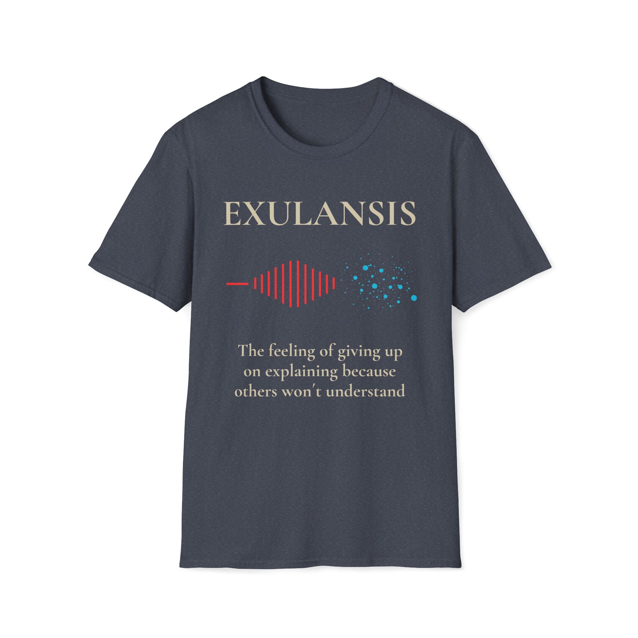 Navy blue t-shirt with 'EXULANSIS' text and graphic on a white background