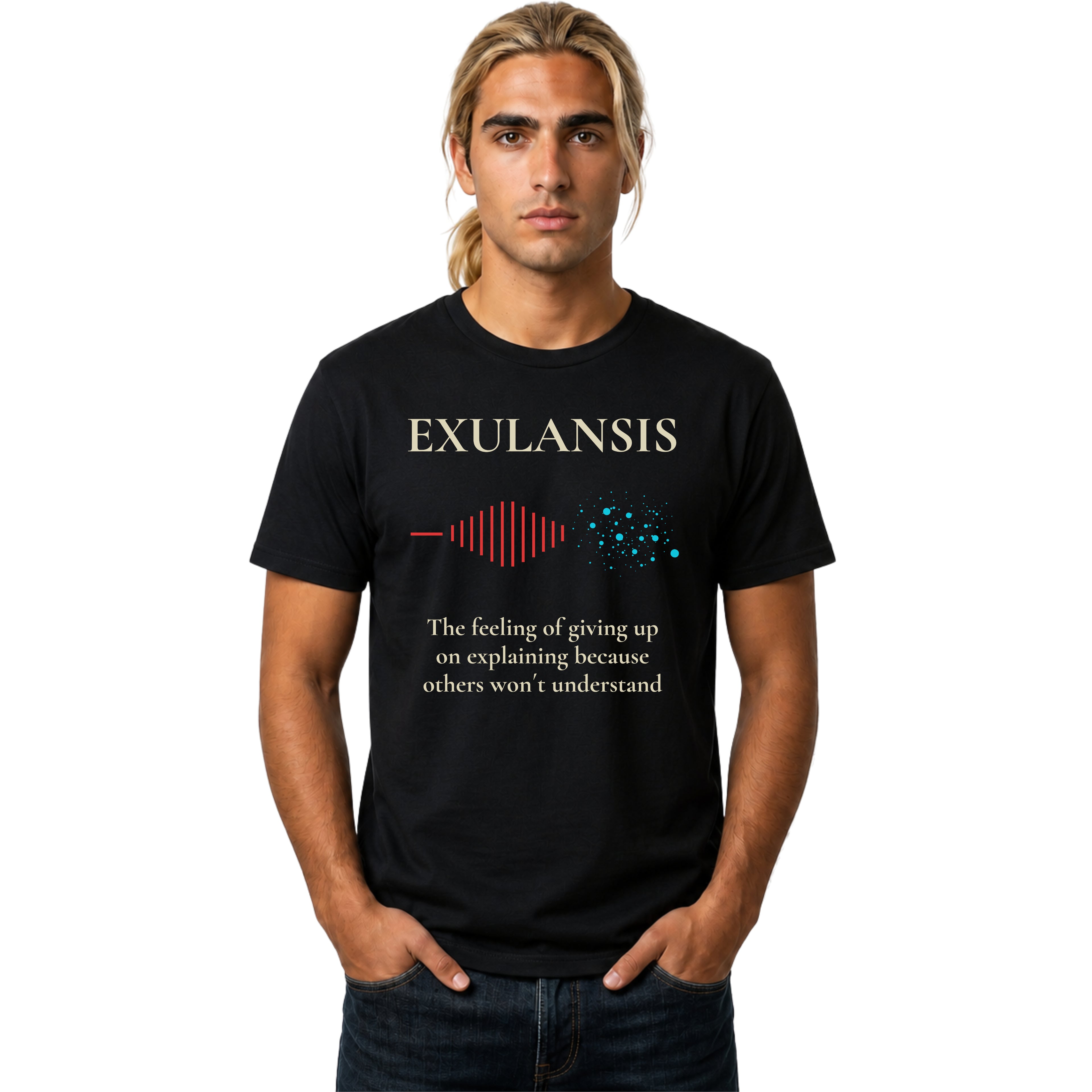 Man wearing a black t-shirt with 'EXULANSIS' text and graphics on a white background