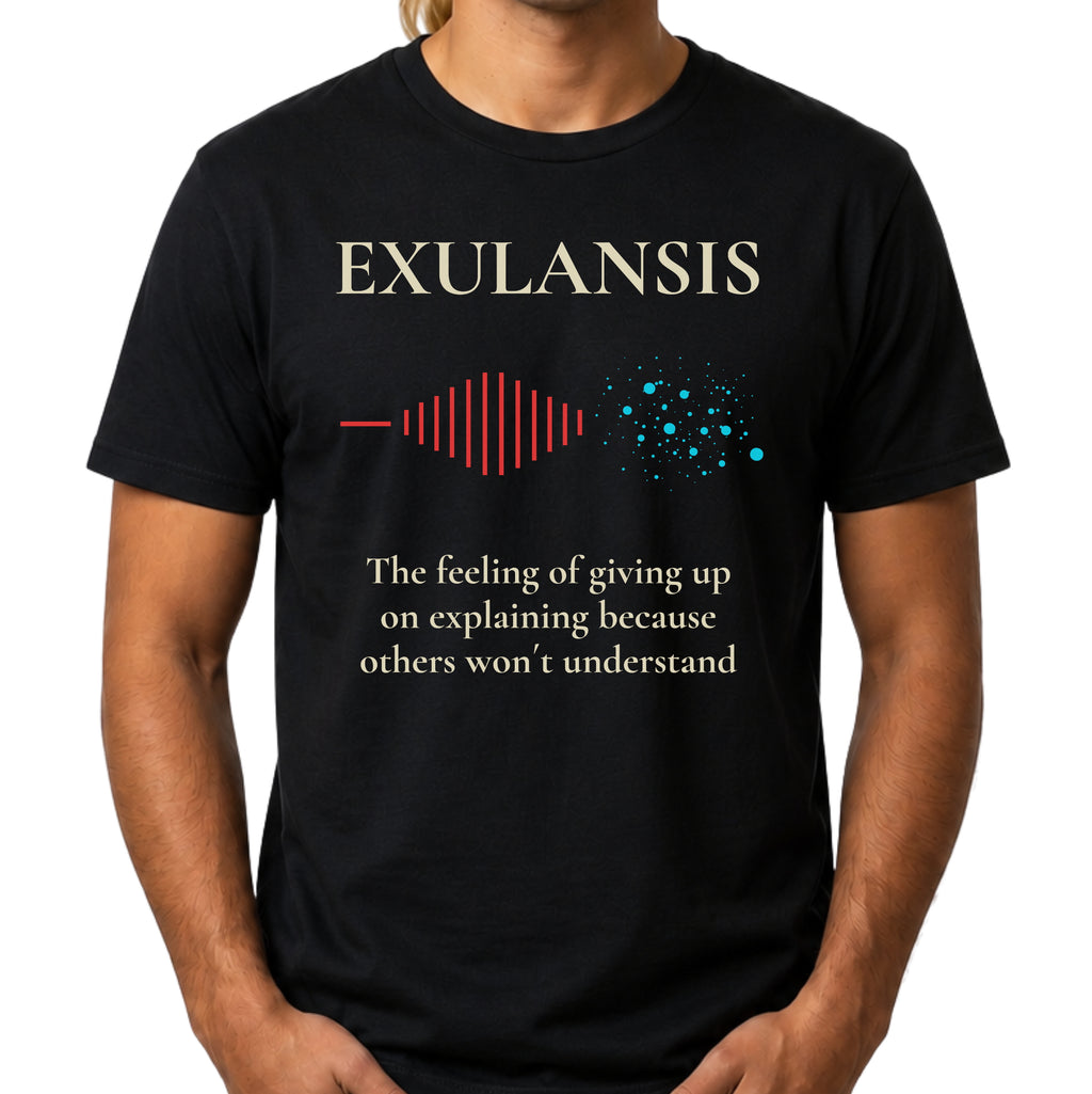 Black t-shirt with 'EXULANSIS' text and graphics worn by a person