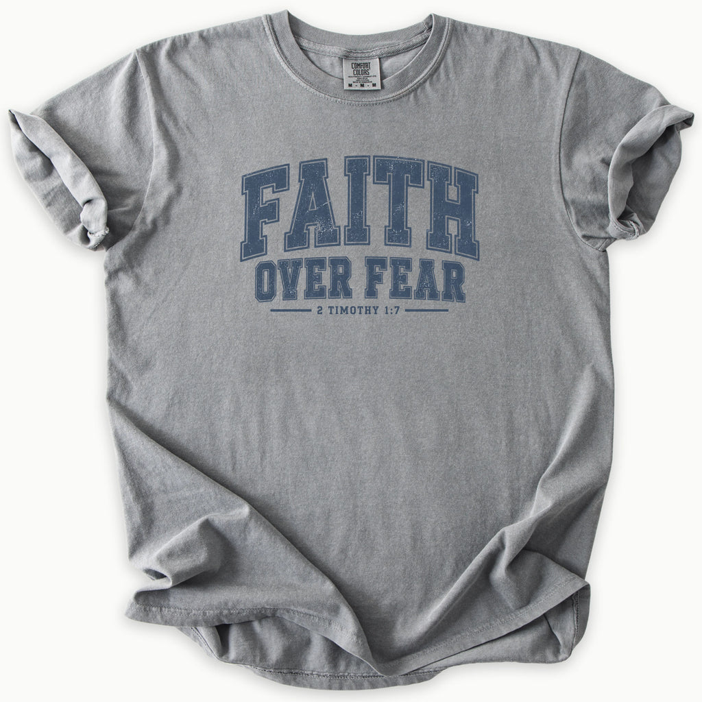 Faith Over Fear Laurel T-Shirt in Grey (medium grey) — faith over fear, 2 Timothy 1:7 collegiate tee, Comfort Colors 1717 unisex christian faith tee