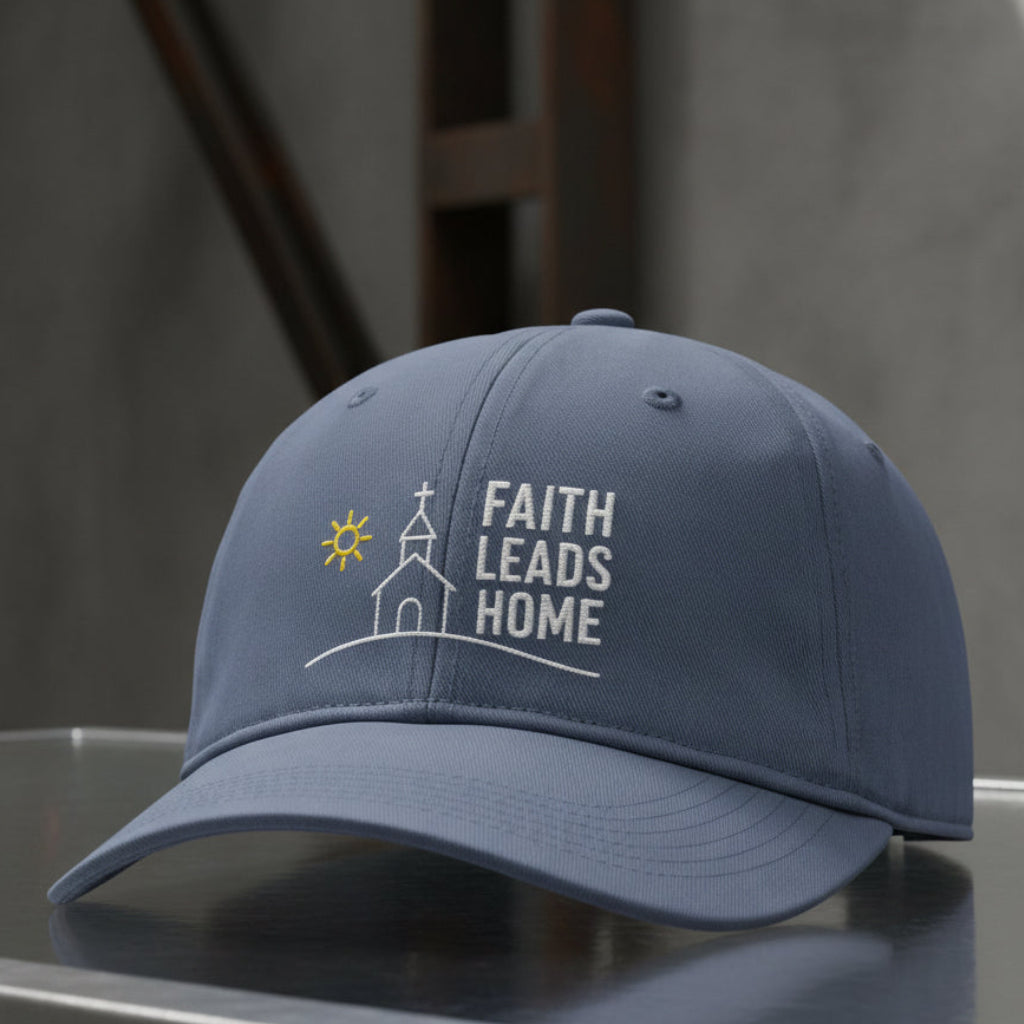 Faith Leads Home Cap in Blue Jean (slate blue) — faith leads home, path to the cross, Comfort Colors CCWC0 washed christian cap
